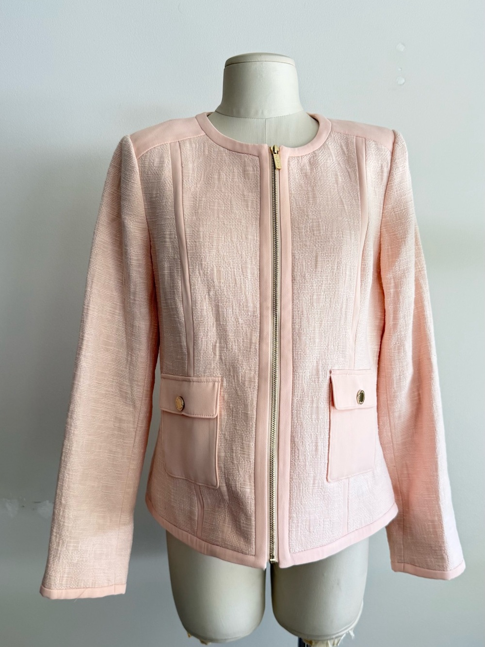 Karl Lagerfeld Paris collarless tweed jacket in Pink Blush